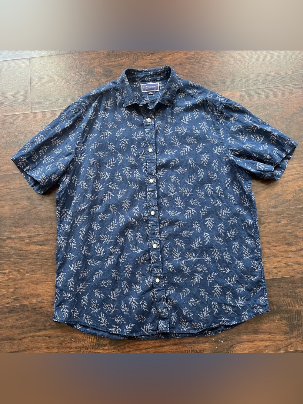 Charles Tyrwhitt Navy Leaf Print Linen Short Sleeve Shirt Classic Fit XL